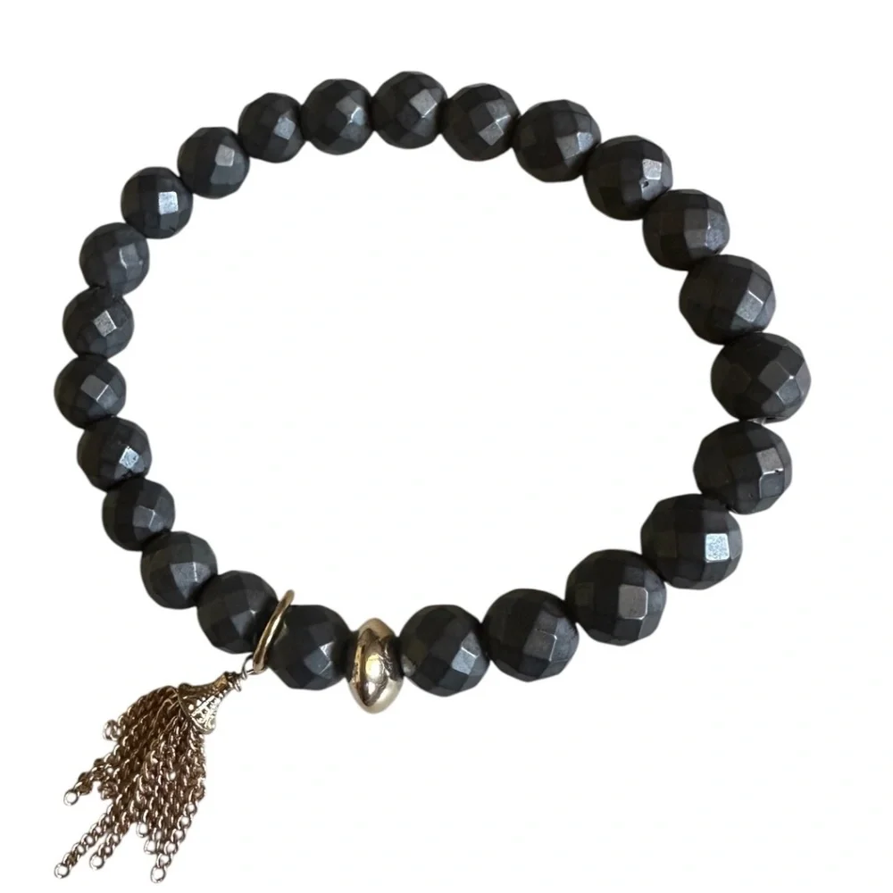 Classic Hematite 8mm Stretch Bracelet Gray Gold Bronze Tassel Charm